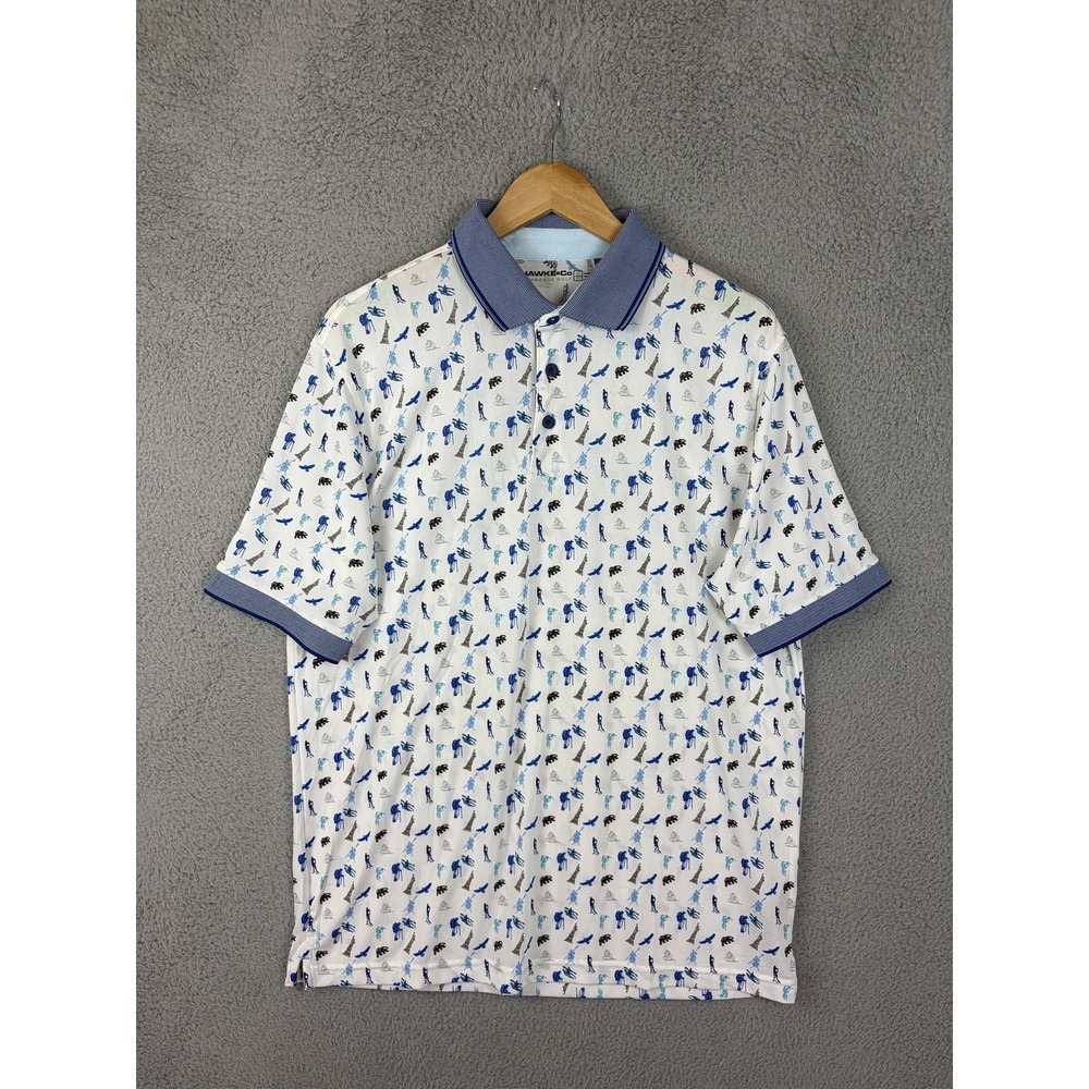 Hawke & Co Polo Shirt Mens Medium White Golf Print Performance Stretch Jersey